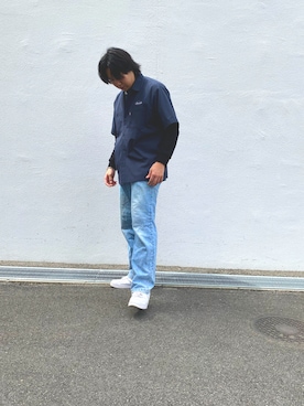 「AVIREX（アヴィレックス）の【直営店限定】SHORTSLEEVE STRIPE WORK SHIRT / ストライプ ワークシャツ / AVIREX / アヴィレックス（シャツ/ブラウス、グレー系）」を使った、しんちゃんさん（メンズ・181cm）の春コーディネート