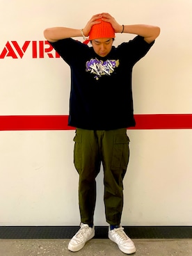 「AVIREX（アヴィレックス）のシンプル M-65 パンツ/SIMPLE M-65 PANTS（カーゴパンツ、グリーン系）」を使った、しんちゃんさん（メンズ・181cm）の春コーディネート