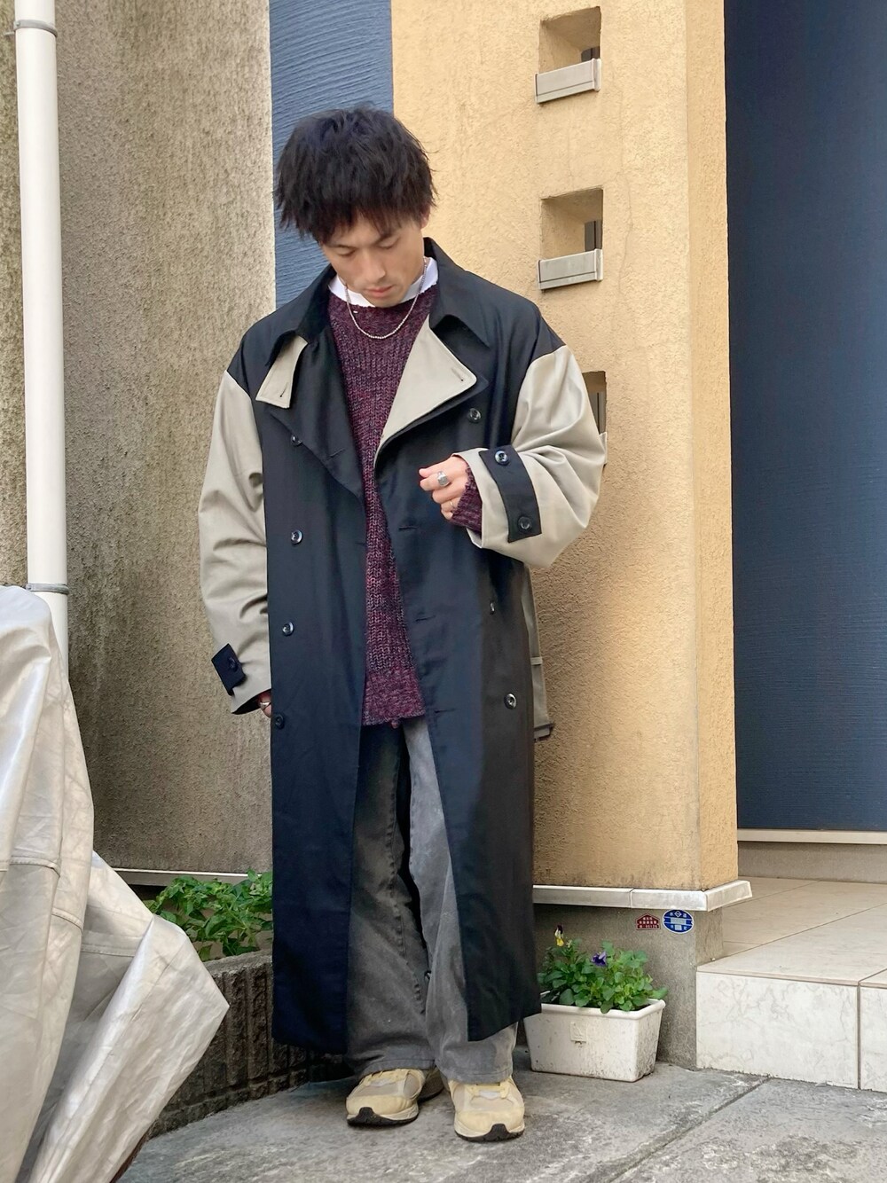ダブルカラー配色ロングトレンチコート セール】ダブルカラー配色ロングトレンチコート（トレンチコート