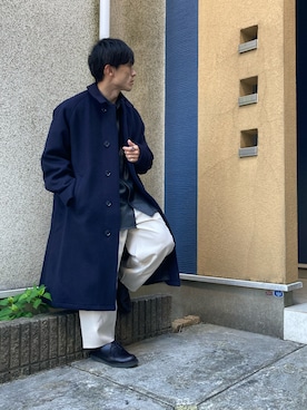 「フェイクレザー」｜「アイテム（ステンカラーコート）」を使った、ゆうたさん（メンズ・163cm）の秋コーディネート