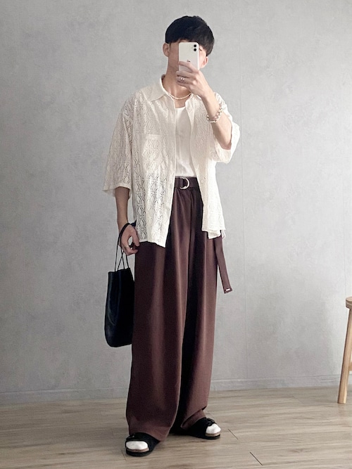 MinoriTY】さらさら梨地素材ベルト付きワイドパンツ 夏服 スラックス