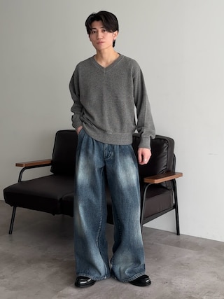 「epnok(エプノック)のメランジVネックルーズニット(ニット/セーター)」を使った、sakuさん(メンズ・164cm)の冬コーディネート