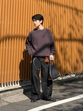 「SLICK（スリック）の【SLICK/スリック】30/2 Micro Border LS Drawstring T-Shirt/マイクロボーダーロングスリーブドローストリングTシャツ/オーバーサイズ シルエット（Tシャツ/カットソー、ブラック系）」を使った、sakuさん（メンズ・164cm）の春コーディネート