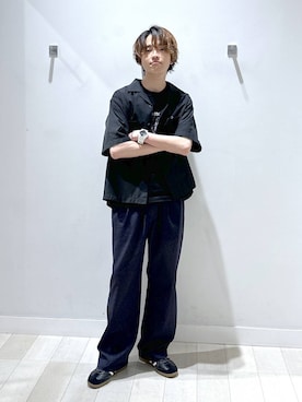「GLOBAL WORK（グローバルワーク）のイージーケアリネンシャツ/半袖/638148（シャツ/ブラウス、ブラック系）」を使った、おのさん（メンズ・175cm）の夏コーディネート