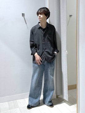「GLOBAL WORK（グローバルワーク）のチェックシャツ/長袖/1042971（シャツ/ブラウス、ブラック系）」を使った、おのさん（メンズ・175cm）の夏コーディネート