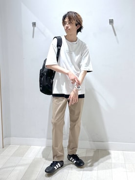 「GLOBAL WORK（グローバルワーク）の撥水スマらくバックパック/131837（バックパック/リュック、ブラック系）」を使った、おのさん（メンズ・175cm）の夏コーディネート