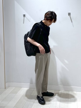 「GLOBAL WORK（グローバルワーク）の撥水スマらく/整理収納リュック/572252（バックパック/リュック、ブラック系）」を使った、おのさん（メンズ・175cm）の夏コーディネート