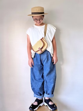 「LOWRYS FARM（ローリーズファーム）の【Smart Price】ベーシックタンクトップ（タンクトップ、ホワイト系）」を使った、yo_yoさん（キッズ・130cm）の夏コーディネート