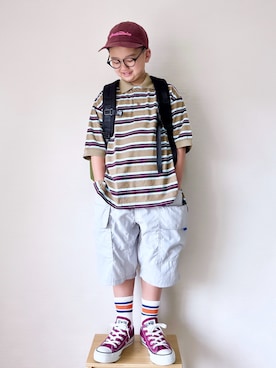 「LOWRYS FARM（ローリーズファーム）のマルチボーダーポロＳＳ　664970（ポロシャツ、ベージュ系）」を使った、yo_yoさん（キッズ・130cm）の春コーディネート