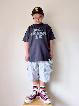 「CHARMY（チャミ）のCHARMY clothing オリジナルプリントTシャツ 半袖（Tシャツ/カットソー、グレー系）」を使った、yo_yoさん（キッズ・130cm）の春コーディネート