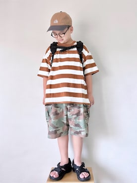 「LOWRYS FARM（ローリーズファーム）のフトボーダーＴＳＳ　647867（Tシャツ/カットソー、ブラウン系）」を使った、yo_yoさん（キッズ・130cm）の春コーディネート