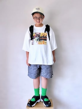 「Life Support Products（ライフサポートプロダクツ）の【COTTON from U.S.A】ビッグシルエットフォトプリントＴシャツ（Tシャツ/カットソー、ホワイト系）」を使った、yo_yoさん（キッズ・130cm）の夏コーディネート
