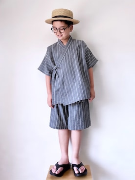 「RIO（リオ）のユニセックス甚平（浴衣、ブラック系）」を使った、yo_yoさん（キッズ・130cm）の夏コーディネート