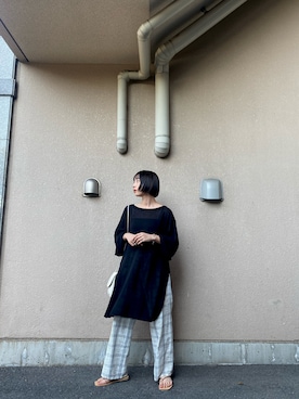 「TODAYFUL（トゥデイフル）のチェックギャザーパンツ（その他パンツ、ホワイト系）」を使った、rink.appleさん（レディース・150cm）の夏コーディネート