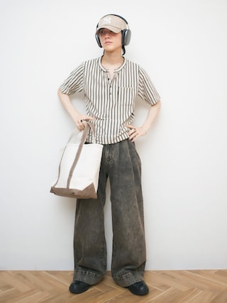 「WISH FOR EVER（ウィッシュフォーエバー）のASSORT DRAW CODE PILE HENRY NECK / アソートドローコードパイルヘンリーネック（Tシャツ/カットソー）」を使った、Naotoさん（メンズ・165cm）の夏コーディネート