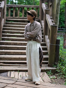 「COMOLI（コモリ）のアイテム（帽子）」を使った、Naotoさん（メンズ・165cm）の夏コーディネート