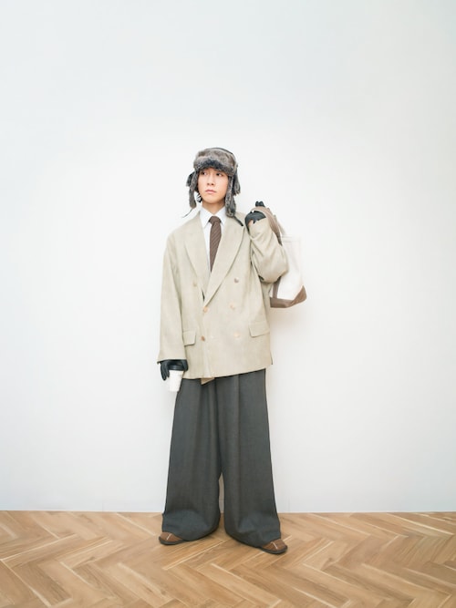 Wide Straight Herringbone Tweed Slacks / ワイドストレート