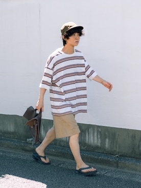「COMOLI（コモリ）のアイテム（帽子）」を使った、Naotoさん（メンズ・165cm）の夏コーディネート
