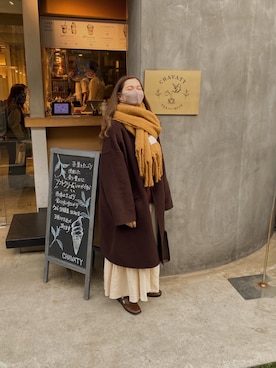 「マフラーコーデ」｜「アイテム（ノーカラーコート）」を使った、高芦あかりさん（レディース・152cm）の冬コーディネート