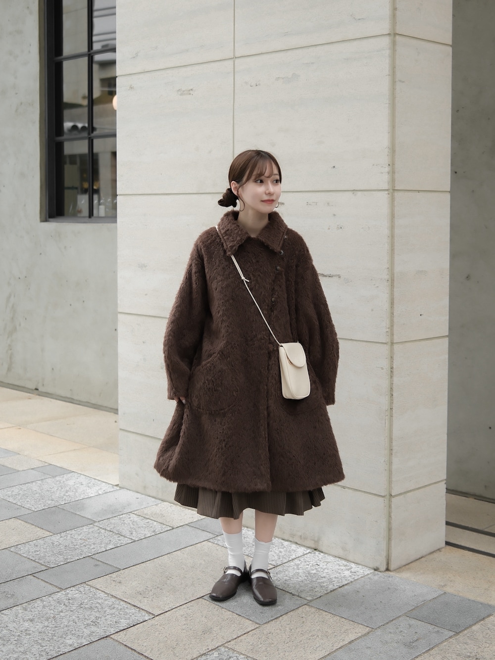 moi tytto 取り外しリボン付き　シャギーミディ丈コート　チャコールグレー moi tytto 取り外しリボン付き シャギーミディ丈コート