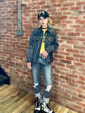 「HYSTERIC GLAMOUR（ヒステリックグラマー）のSNAKE LOOP 8分丈クラッシュデニムパンツ（デニムパンツ）」を使った、k_n_e0819さん（レディース・158cm）の秋コーディネート