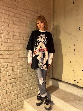 「HYSTERIC GLAMOUR（ヒステリックグラマー）のSNAKE LOOP 8分丈クラッシュデニムパンツ（デニムパンツ）」を使った、k_n_e0819さん（レディース・158cm）の冬コーディネート