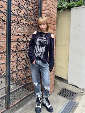 「HYSTERIC GLAMOUR（ヒステリックグラマー）のSNAKE LOOP 8分丈クラッシュデニムパンツ（デニムパンツ）」を使った、k_n_e0819さん（レディース・158cm）の冬コーディネート