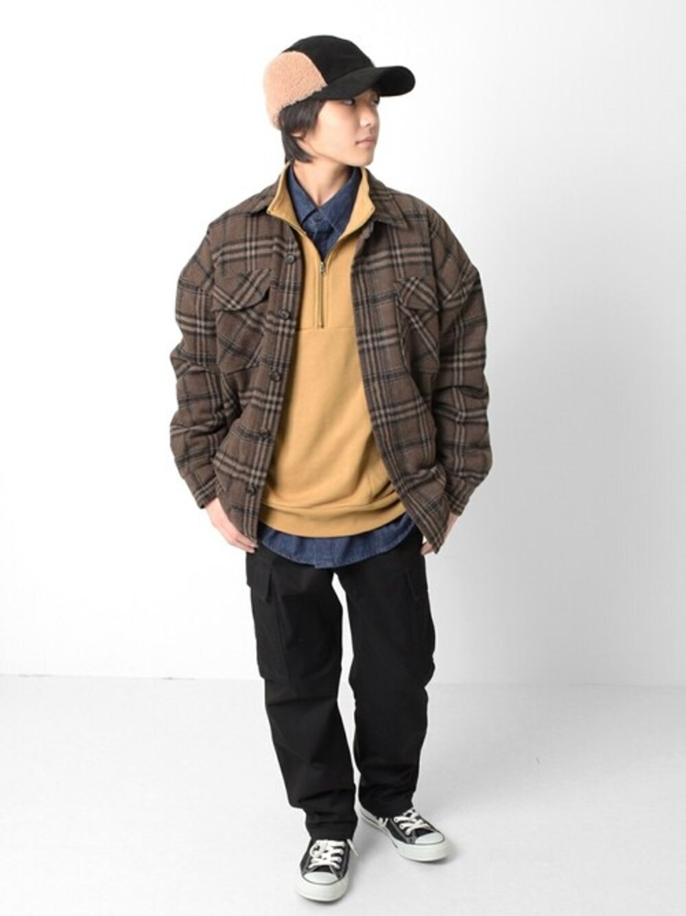 「チェック、カジュアル、キャップ、ストリート、冬コーデ、男の子、penfield、中学生、小学生、glazos」｜「PEN FIELDの【penfield】チェックＣＰＯシャツ（カバーオール、ブラウン系）」を使った、GLAZOSさん（キッズ・149cm）の冬コーディネートの1枚目の写真
