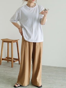 「reca（レカ）のウエストリボン リネンワイドパンツ（その他パンツ）」を使った、recastaffさん（レディース・156cm）の春コーディネート