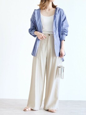 「reca（レカ）のウエストリボン リネンワイドパンツ（その他パンツ）」を使った、recastaffさん（レディース・165cm）の春コーディネート