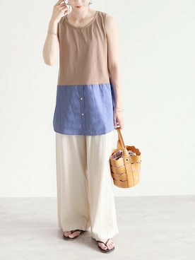 「reca（レカ）のウエストリボン リネンワイドパンツ（その他パンツ）」を使った、recastaffさん（レディース・165cm）の夏コーディネート