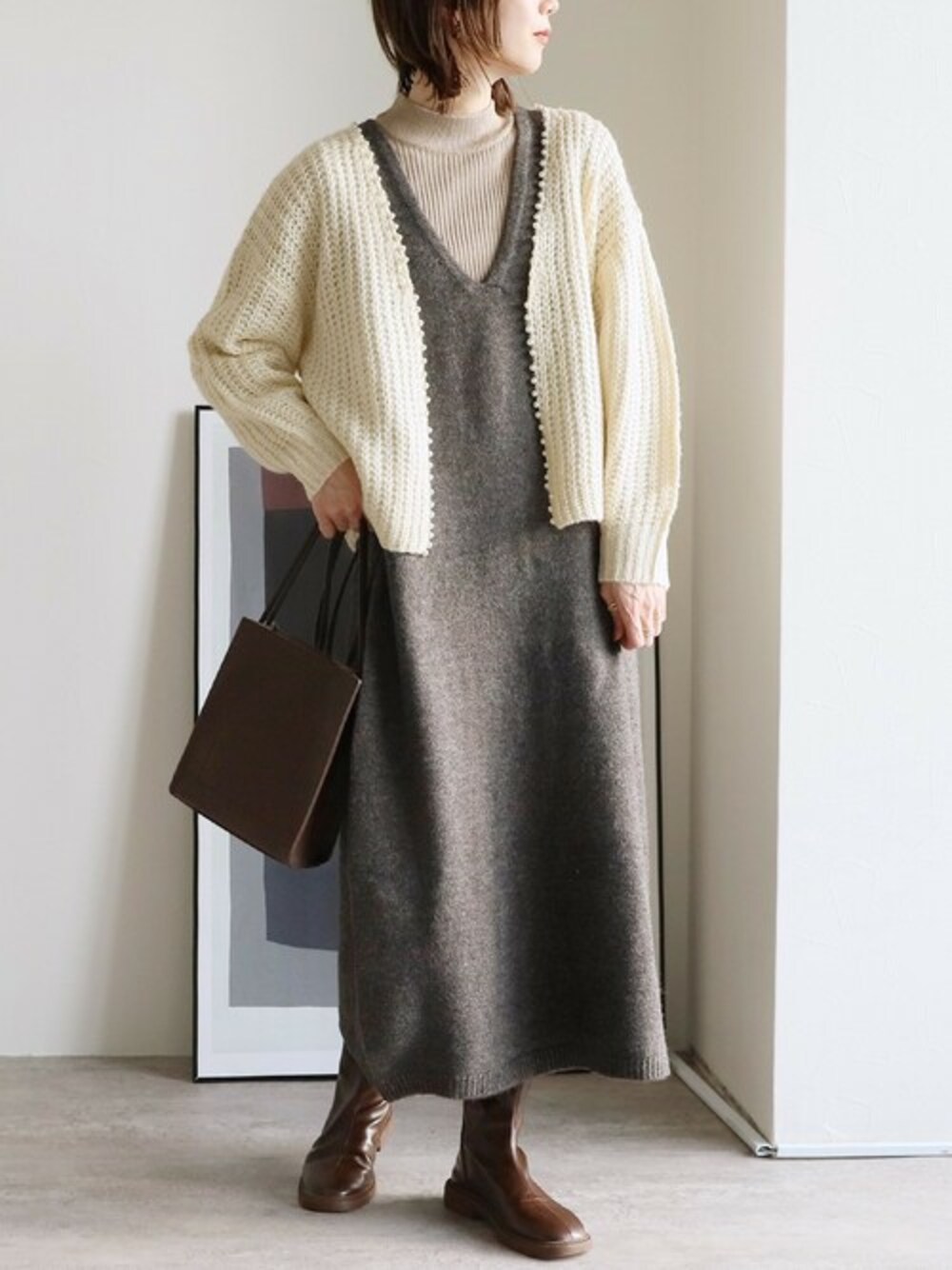 ホワイト系のカーディガン/ボレロ、ベージュ系のニット/セーター、グレー系のワンピースを着用したレディースの冬コーディネートの1枚目の写真