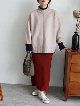 「reca（レカ）のバイカラーハイネックニットプルオーバー（ニット/セーター）」を使った、recastaffさん（レディース・158cm）の夏コーディネート