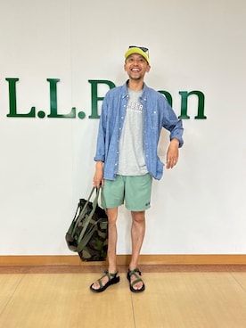 「L.L.Bean（エルエルビーン）のハンターズ・トート・バッグ、ジップ・トップ　ショルダー・ストラップ付き　カモ ラージ（トートバッグ）」を使った、hinoshirouさん（メンズ・186cm）の夏コーディネート