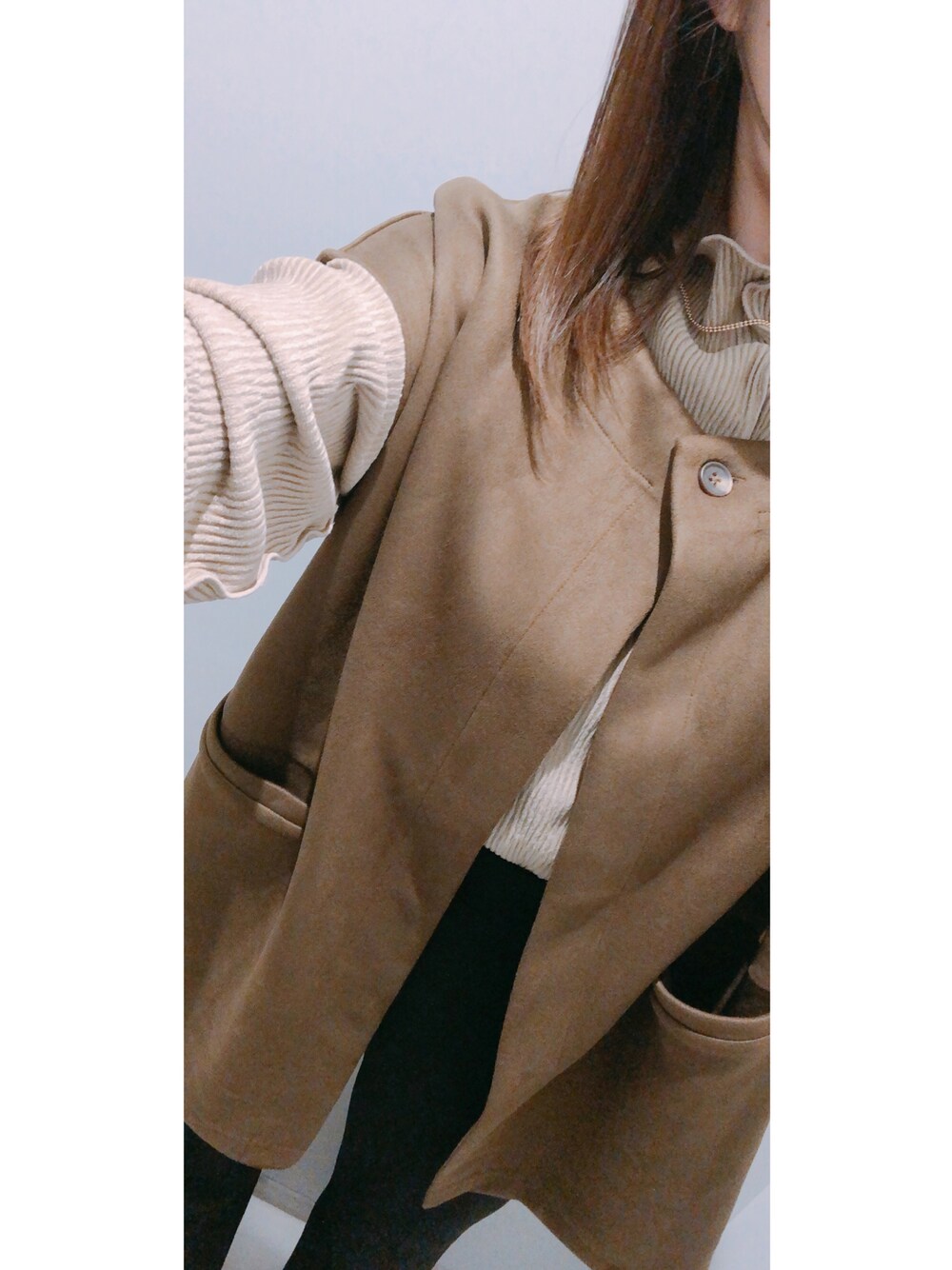 「talbyyumi、しまむら購入品、しまパト、しまむら、淡色女子、淡色コーデ、プチプラファッション、プチプラコーデ」｜「tal. by yumi.のアイテム（ネックレス、ゴールド系）」を使った、さやかさん（レディース・161cm）の冬コーディネートの1枚目の写真