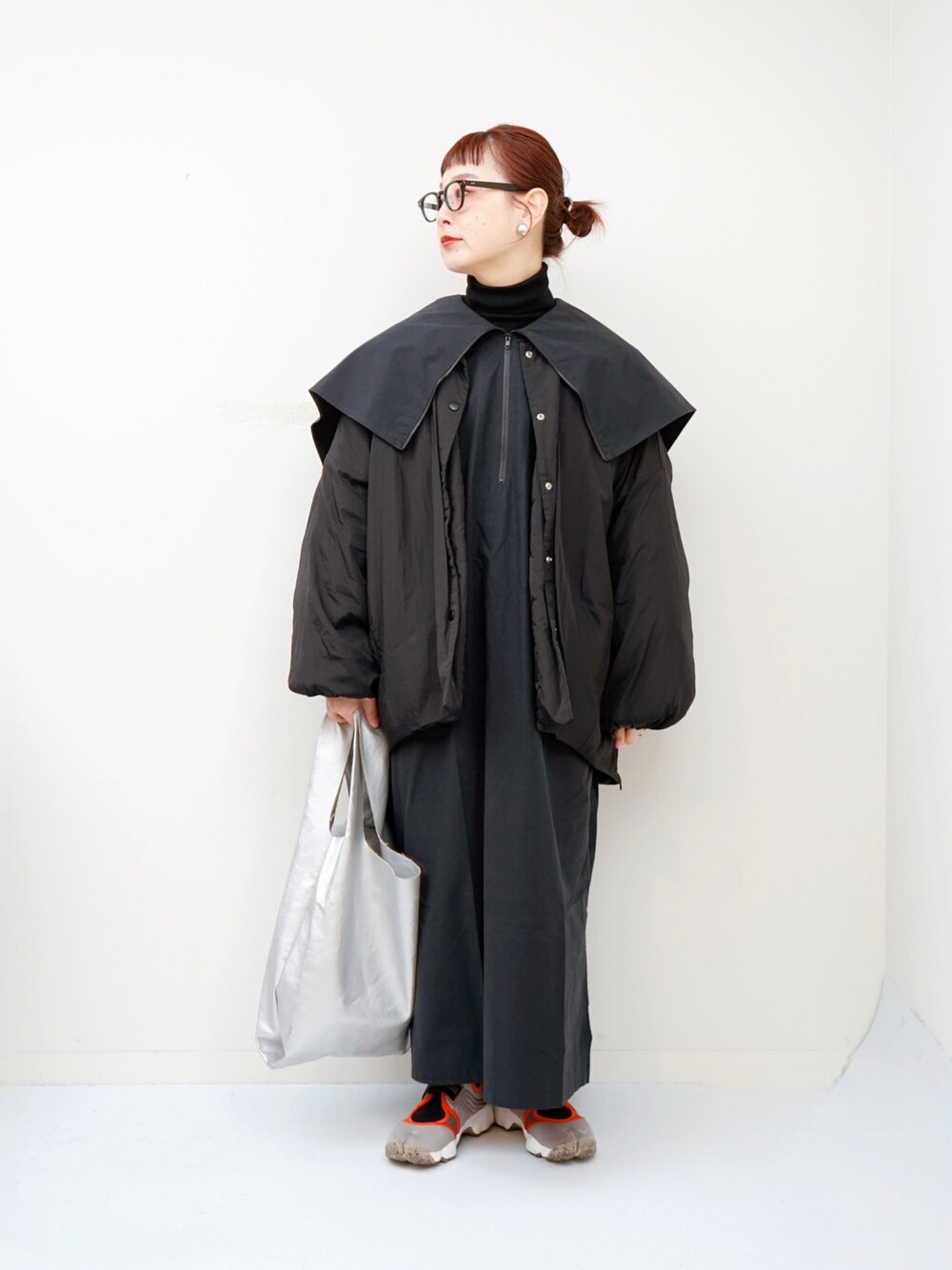 「エアリフト、セーラーカラー、個性派、ワンピース、メガネ女子」｜「BEAMS BOYのBEAMS BOY / フリンジ デタッチカラー ブルゾン（ブルゾン、グレー系）」を使った、よちさん（レディース・157cm）の冬コーディネートの1枚目の写真