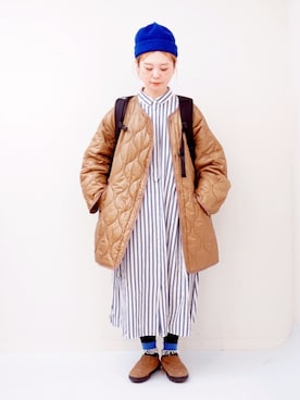 「ストライプワンピース」｜「アイテム（ノーカラージャケット）」を使った、よちさん（レディース・157cm）の冬コーディネート