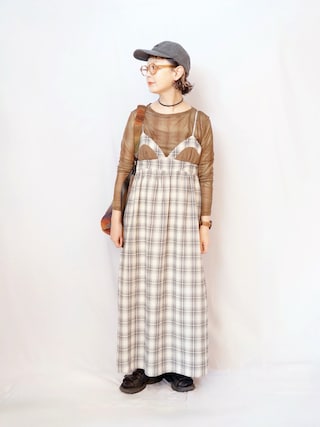 「MIRROR STOKE(ミラーストーク)の【ZOZO限定】BUSTIER CAMISOLE ONEPIECE/ビスチェキャミソールワンピース(ワンピース)」を使った、よちさん(レディース・158cm)の秋コーディネート
