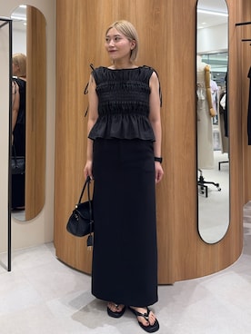 「CAPRICIEUX LE'MAGE（カプリシューレマージュ）のマキシIラインスカート（スカート、ブラック系）」を使った、yabu_lemageさん（レディース・163cm）の夏コーディネート
