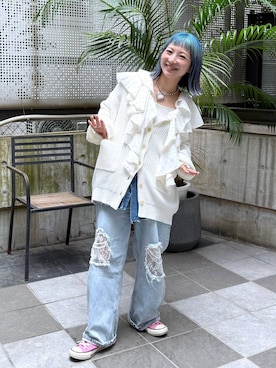 「LOWRYS FARM（ローリーズファーム）のスタイルＵＰクロスカップキャミ　100757（Tシャツ/カットソー、ホワイト系）」を使った、MIKUさん（レディース・150cm）の秋コーディネート