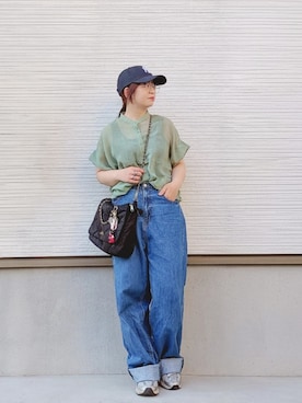 「ikka（イッカ）のコットンライクシアードルマンブラウス（シャツ/ブラウス、グリーン系）」を使った、yakkoさん（レディース・152cm）の春コーディネート