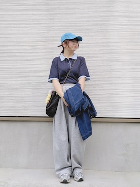 「MONO-MART（モノマート）のフェイクレイヤード 配色 サマーポロニット ＜接触冷感/アンチピリング/マシンウォッシャブル＞（ポロシャツ、ブルー系）」を使った、yakkoさん（レディース・152cm）の春コーディネート