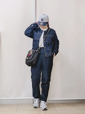 「ikka（イッカ）のストレッチデニムノーカラーシャウター【親子コーデ】（デニムジャケット、ブルー系）」を使った、yakkoさん（レディース・152cm）の春コーディネート