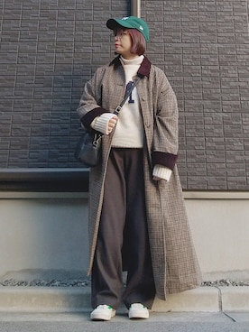 「チェック柄に恋してる」｜「アイテム（ステンカラーコート）」を使った、yakkoさん（レディース・152cm）の冬コーディネート