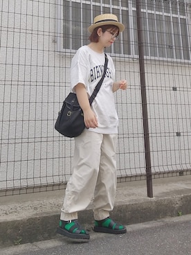 「麦わら帽子」｜「アイテム（スウェット）」を使った、yakkoさん（レディース・152cm）の夏コーディネート