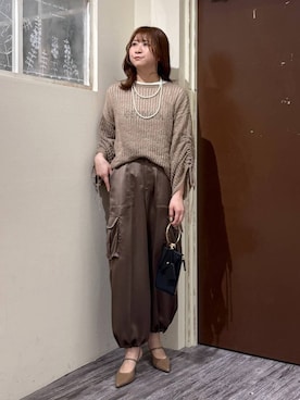 「mysty woman（ミスティウーマン）のロングパールネックレス 638487（ネックレス、ホワイト系）」を使った、さかべちゃんさん（レディース・167cm）の春コーディネート