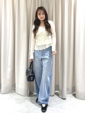 「FREE'S MART（フリーズマート）の◆配色パネルバレルワイドパンツ（その他パンツ、ブルー系）」を使った、杏菜さん（レディース・160cm）の春コーディネート