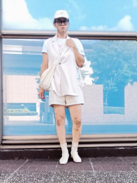 「ショートパンツ」｜「アイテム（その他アウター）」を使った、にゃんこさん（レディース・173cm）の夏コーディネート
