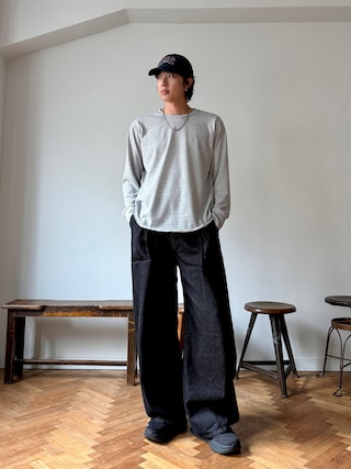 「NAKER(ネイカー)のNAKER ヴィンテージライクピンボーダーロングスリーブTシャツ(Tシャツ/カットソー)」を使った、YUSEIさん(メンズ・178cm)の秋コーディネート
