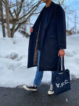 「CASPER JOHN（キャスパージョン）のアイテム（チェスターコート）」を使った、とみりょうさん（メンズ・178cm）の冬コーディネート